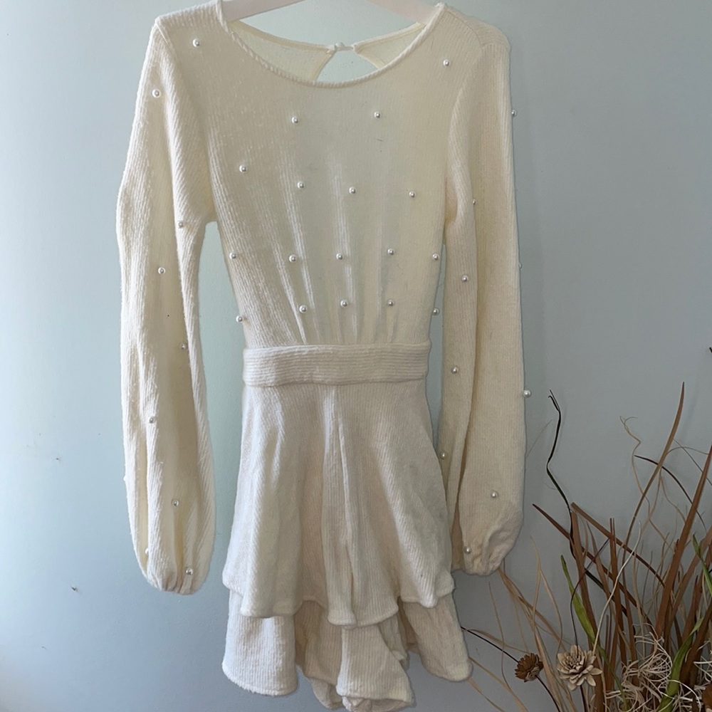 Fashion Nova knit pearl romper with zipper and tie